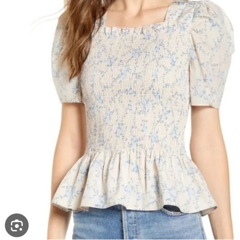 Rachel Parcell White Smocked Floral Puff Sleeve Peplum Top XXL